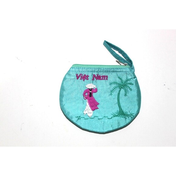 Satin Coin Purse Jewelry Organizer Small Embroidered Viet Nam Woman's 5" x 4" - Picture 1 of 3